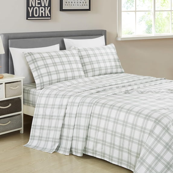 Chezmoi Collection 4-Piece Lodge Plaid Sheet Set Queen Size, Gray White Plaid Stripe Printed Brushed Microfiber Lightweight Breathable Deep Pocket Bed Sheets