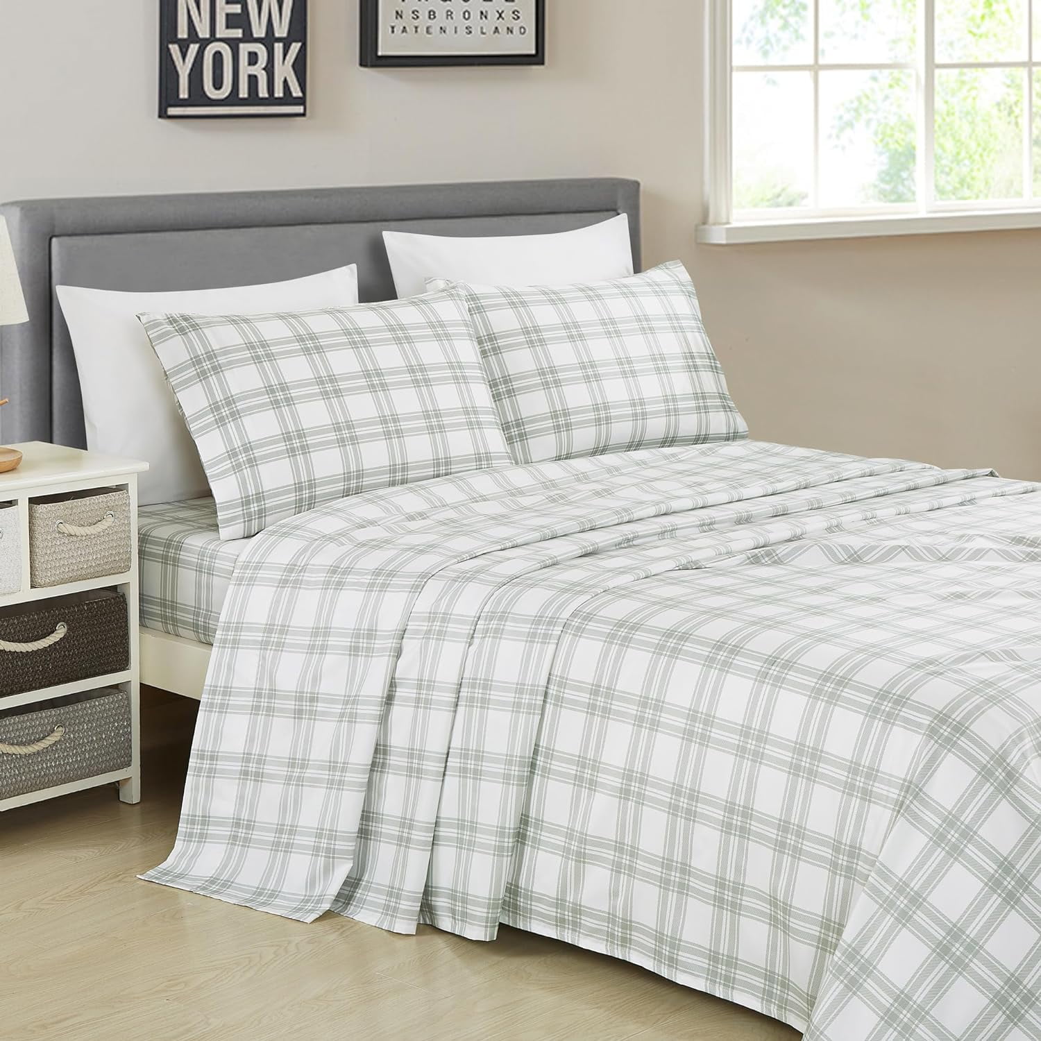 Gray and White Plaid Queen Microfiber Deep Pocket Sheet Set