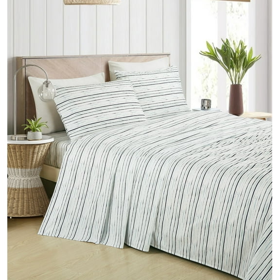 Chezmoi Collection 4-Piece Lodge Striped Sheet Set Full, Multicolor Navy Blue Striped Printed Brushed Microfiber Lightweight Breathable Deep Pocket Bed Sheets