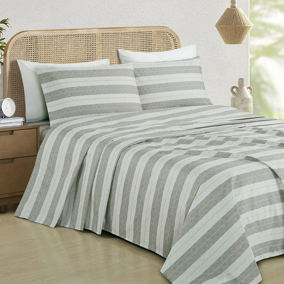 Chezmoi Collection 4-Piece Lodge Textured Striped Sheet Set King, Multicolor Gray Tan Stripe Printed Brushed Microfiber Lightweight Breathable Deep Pocket Bed Sheets