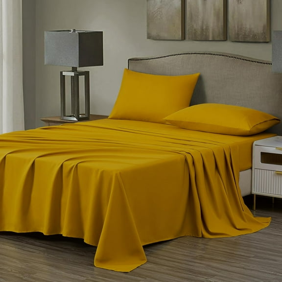 Chezmoi Collection 4-Piece Mustard Yellow Sheet Set Queen Size, 110GSM Peach Skin Brushed Microfiber Polyester Deep Pocket Bed Sheets & Pillowcases