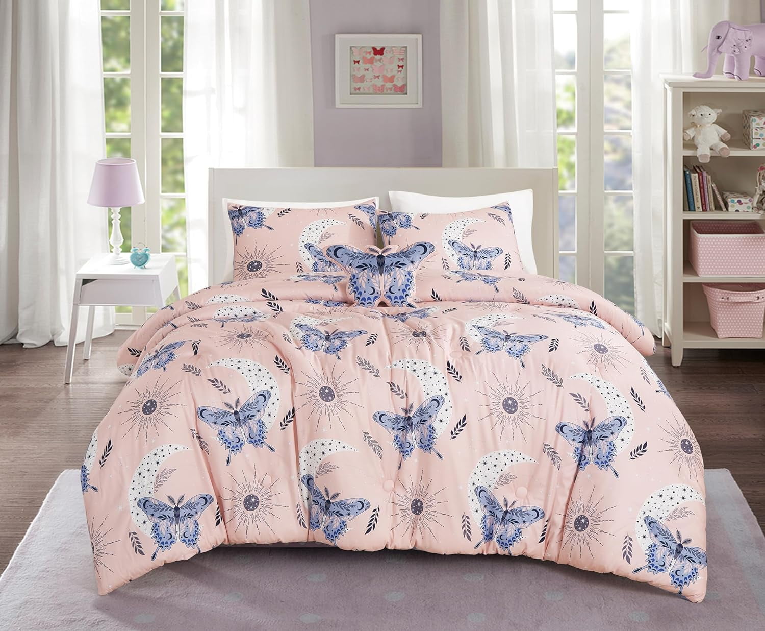 Full Pink and Blue Microfiber Butterfly Kids Bedding Set