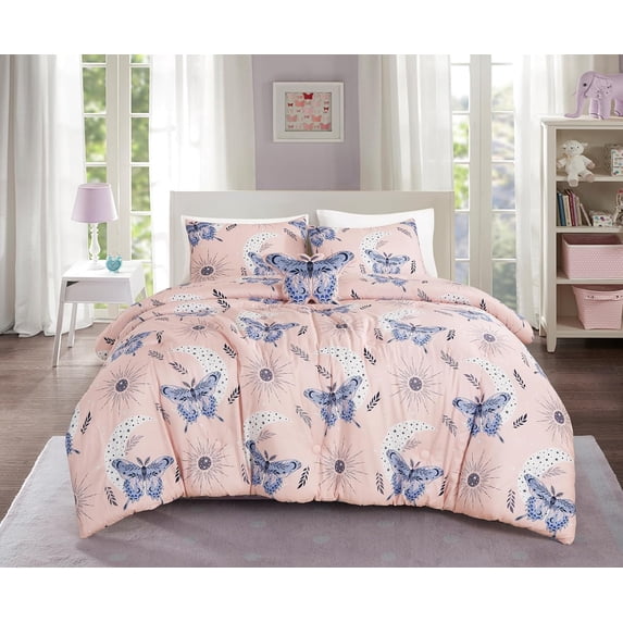 Chezmoi Collection 4-Piece Mystical Butterfly Kids Bedding Set Full/Queen Size - Pink Lavender Blue White Soft Microfiber Comforter Set w/Butterfly Throw Pillow