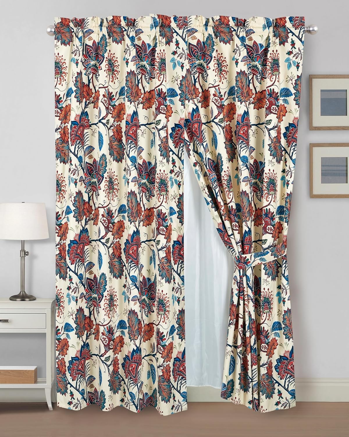 Chezmoi Collection 4-Piece Paradise Floral Window Curtain Set with Sheer Backing, Multicolor Blue Red Orange Cream Printed Microfiber, 120 inch x 84 inch