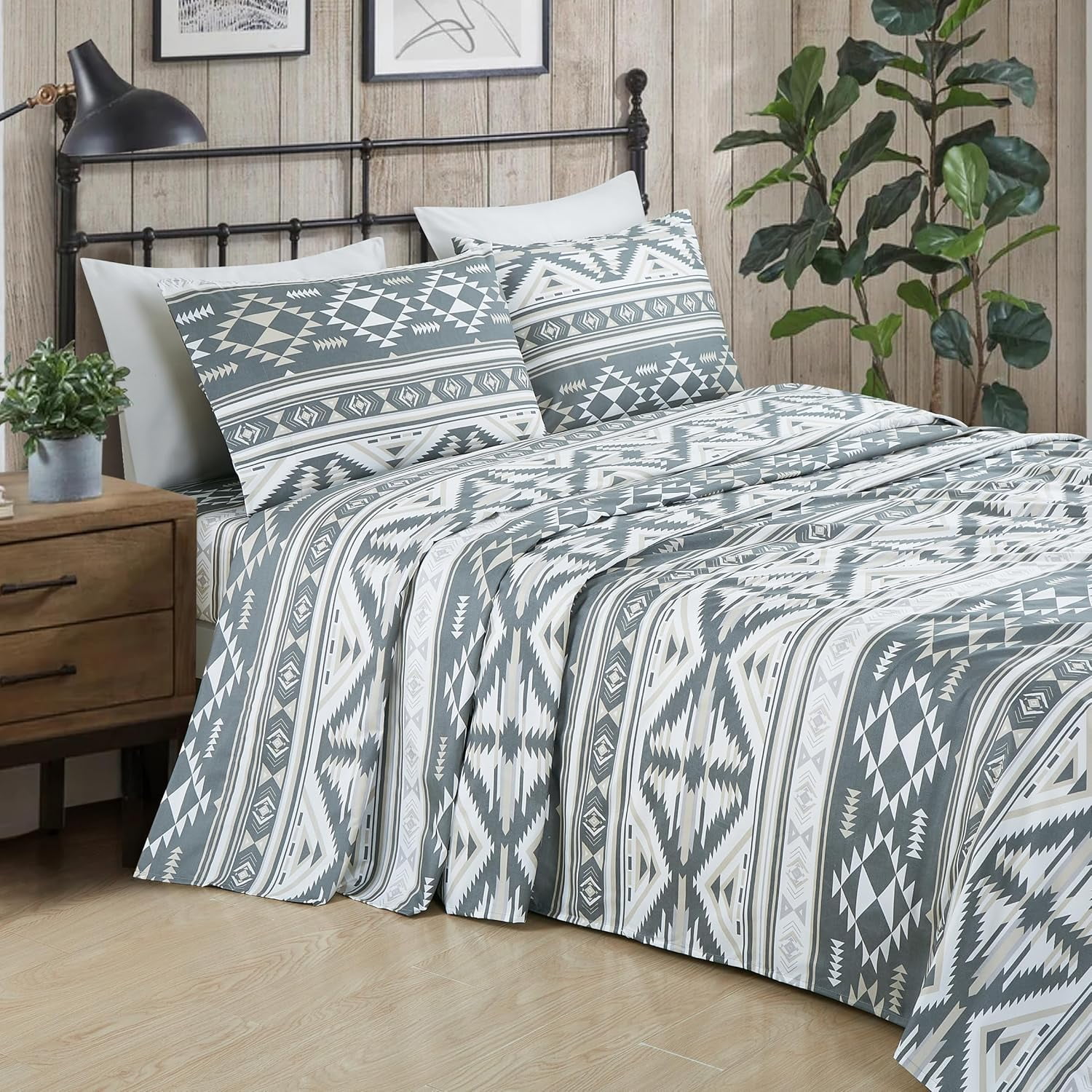 King Gray White Light Brown Geometric Microfiber Deep Pocket Sheet Set