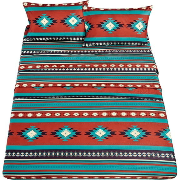 Chezmoi Collection 4-Piece Southwestern Geometric Multicolor Red Teal Beige Sheet Set, Full