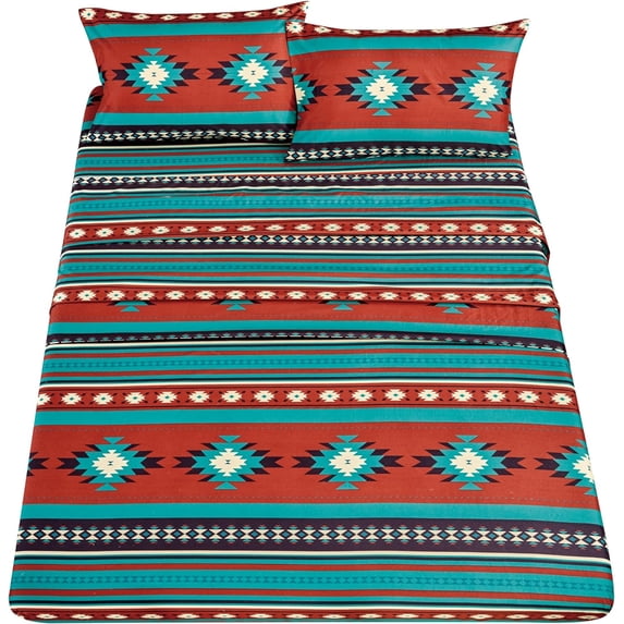 Chezmoi Collection 4-Piece Southwestern Geometric Multicolor Red Teal Beige Sheet Set, Queen