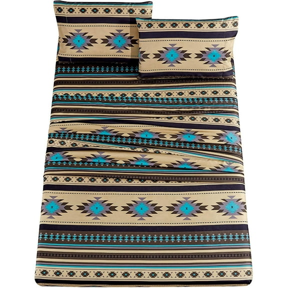 Chezmoi Collection 4-Piece Southwestern Geometric Multicolor Teal Beige Black Gray Sheet Set, King