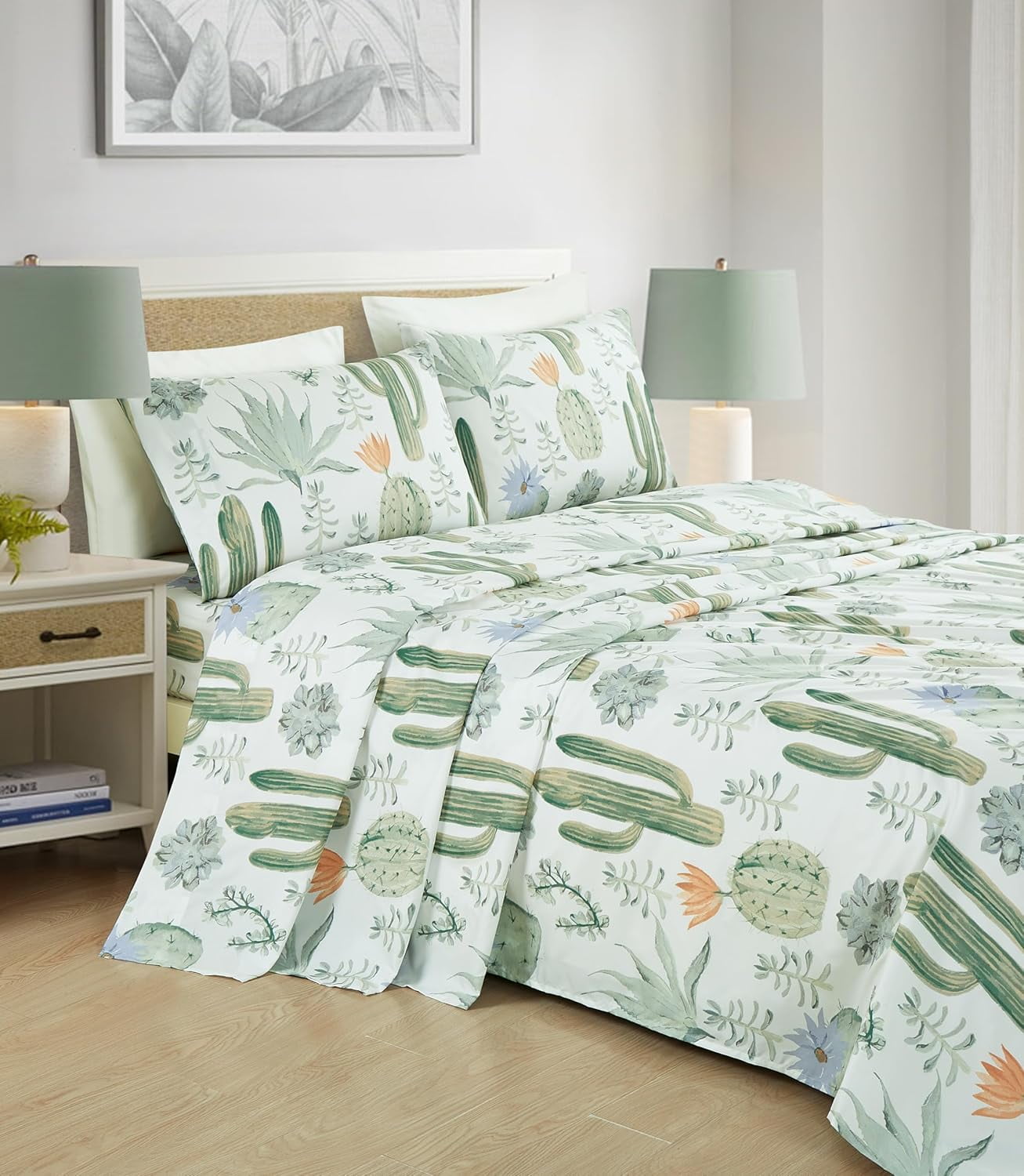 Full Size Green Cactus Print Microfiber Sheet Set