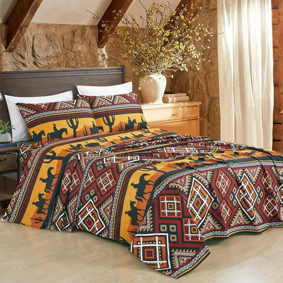 Chezmoi Collection 4-Piece Southwestern Sunset Cowboys Sheet Set Queen Size, Multicolor Red Orange Black White Printed Brushed Microfiber Lightweight Breathable Deep Pocket Bed Sheets