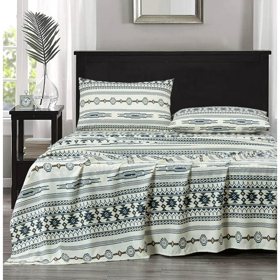 Chezmoi Collection 4-Piece Southwestern Tribal Lodge Bed Sheet Set, Queen Size - Ivory Navy Brown Red Printed Microfiber Soft Breathable Deep Pocket Sheets and Pillowcases Set