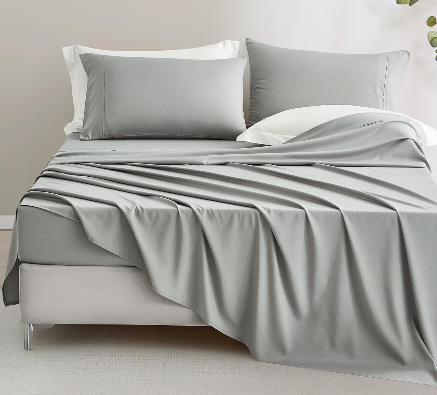 Chezmoi Collection 4-Piece Stone Washed California King Sheet Set, Rayon Derived from Bamboo & Polyester Blended, Breathable & Cooling 15-Inches Deep Pocket Sheets & Pillowcases Set, Light Gray