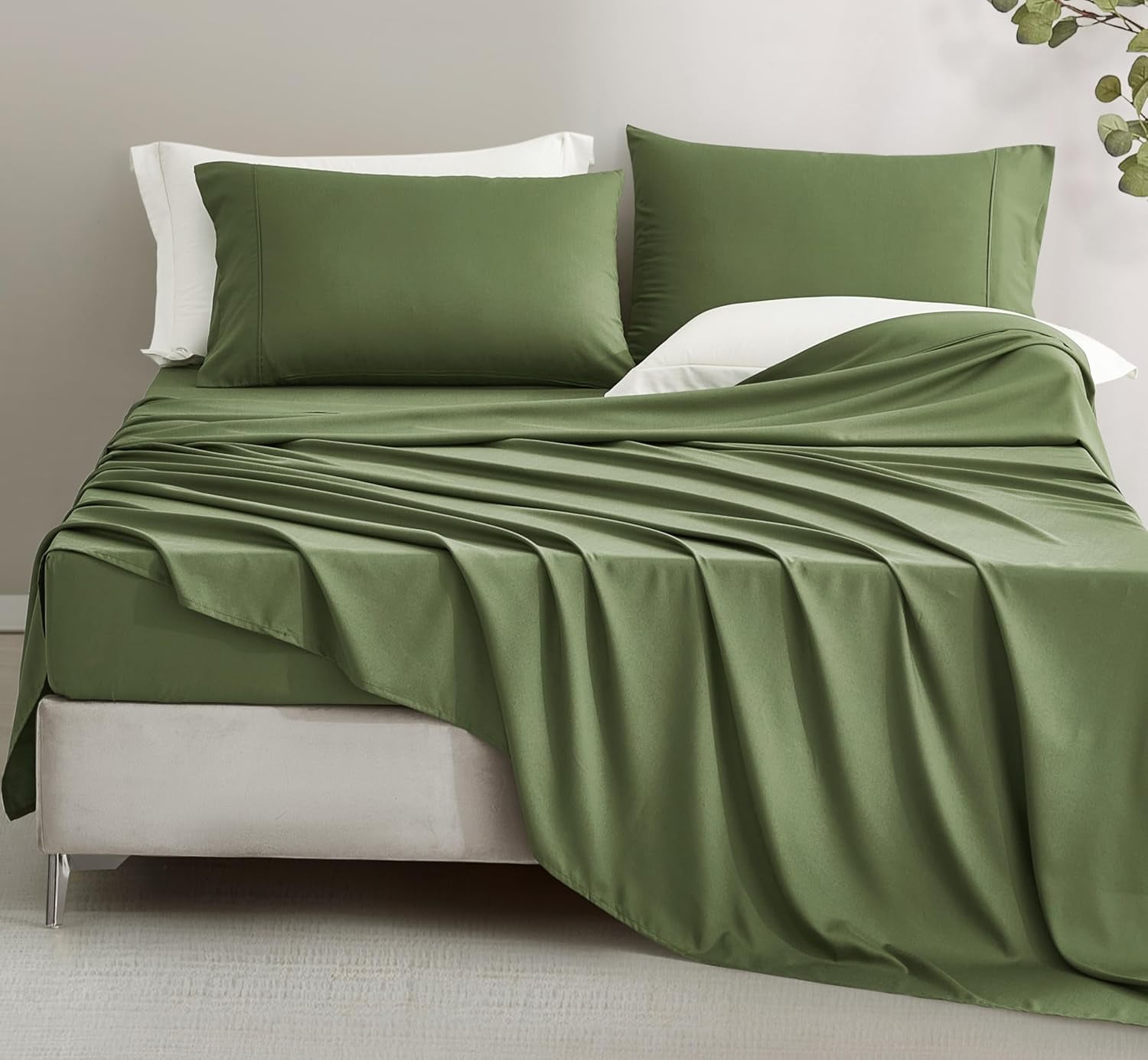 Chezmoi Collection 4-Piece Stone Washed California King Sheet Set, Rayon Derived from Bamboo & Polyester Blended, Breathable & Cooling 15-Inches Deep Pocket Sheets & Pillowcases Set, Olive Green