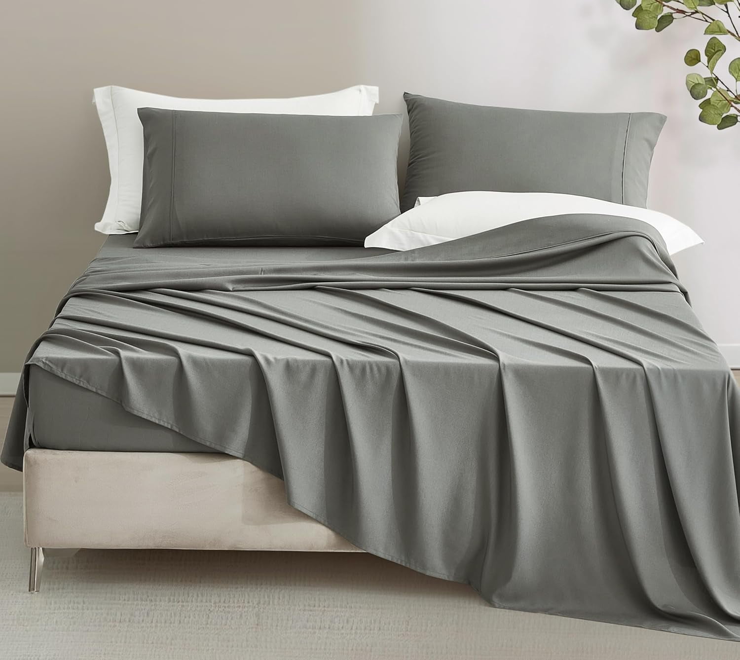 Chezmoi Collection 4-Piece Stone Washed Full Sheet Set, Rayon Derived from Bamboo & Polyester Blended, Breathable & Cooling 15-Inches Deep Pocket Sheets & Pillowcases Set, Dark Gray
