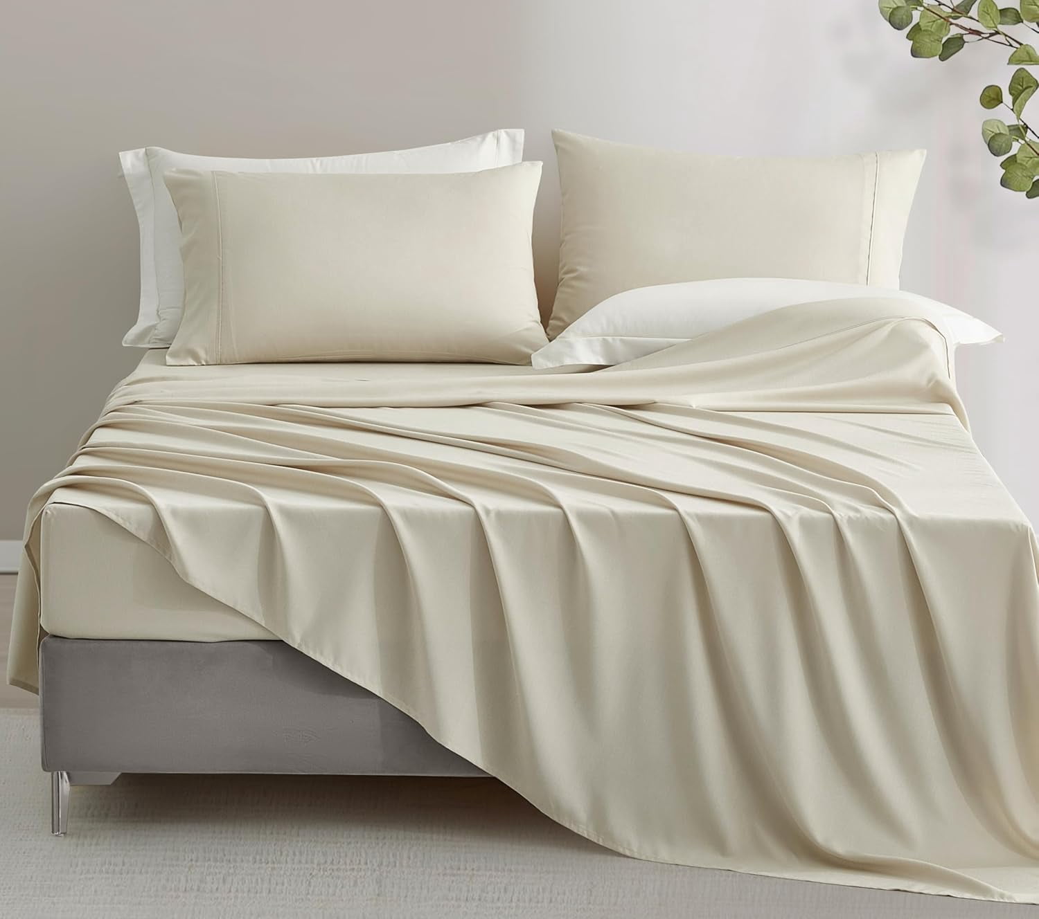 Chezmoi Collection 4-Piece Stone Washed King Sheet Set, Rayon Derived from Bamboo & Polyester Blended, Breathable & Cooling 15-Inches Deep Pocket Sheets & Pillowcases Set, Sand