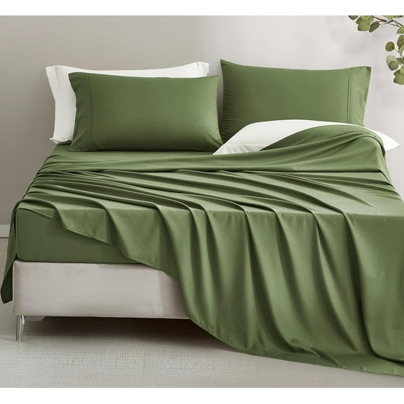 Chezmoi Collection 4-Piece Stone Washed Queen Sheet Set, Rayon Derived from Bamboo & Polyester Blended, Breathable & Cooling 15-Inches Deep Pocket Sheets & Pillowcases Set, Olive Green