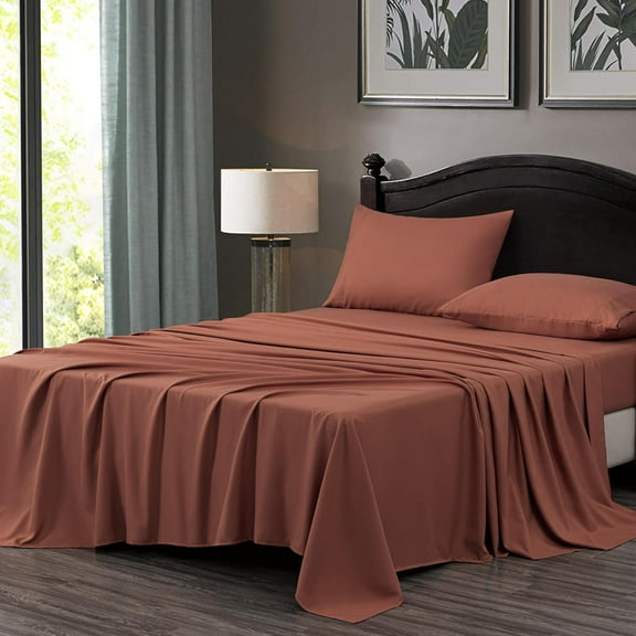 Chezmoi Collection 4-Piece Terracotta Sheet Set California King Size, 110GSM Peach Skin Brushed Microfiber Polyester Deep Pocket Bed Sheets & Pillowcases