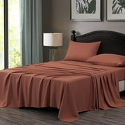 Chezmoi Collection 4-Piece Terracotta Sheet Set Queen Size, 110GSM Peach Skin Brushed Microfiber Polyester Deep Pocket Bed Sheets & Pillowcases