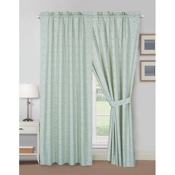 Chezmoi Collection 4-Piece Tranquil Floral Window Curtain Set with Sheer Backing, Soft Green White Floral Printed Microfiber, 120 inch x 84 inch