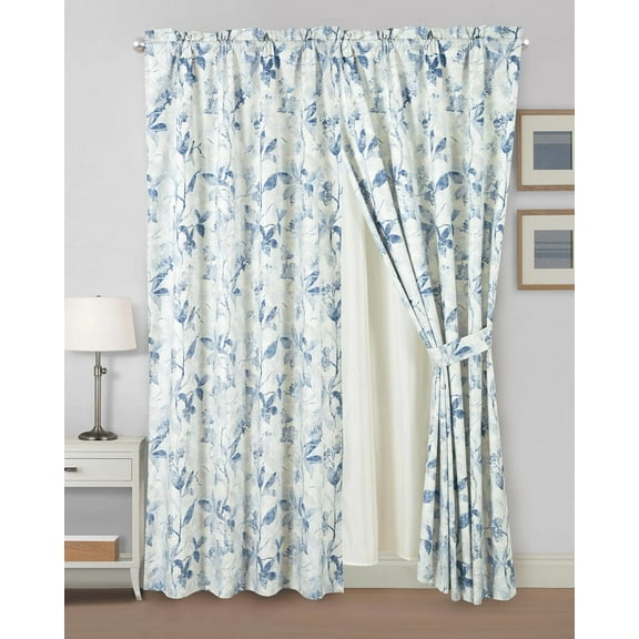 Chezmoi Collection 4-Piece Tropical Floral Window Curtain Set with Sheer Backing, Blue Gray White Textured Floral Printed Microfiber, 120 inch x 84 inch