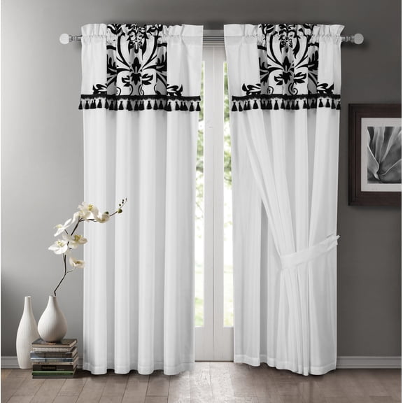 Chezmoi Collection 4-Piece White Black Flocked Floral Faux Silk Window Curtain Set - Panels attached with Sheer Backing and Valance - Tiebacks