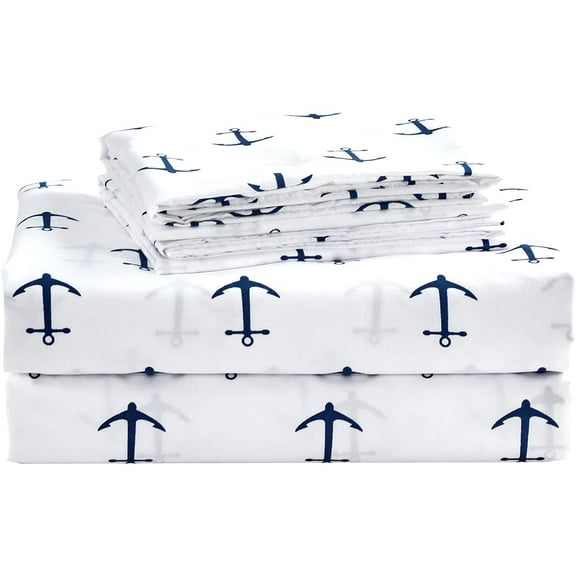Chezmoi Collection 4-piece Kids/Teens Nautical Anchors Microfiber Sheet Set, Full Size, White/Navy