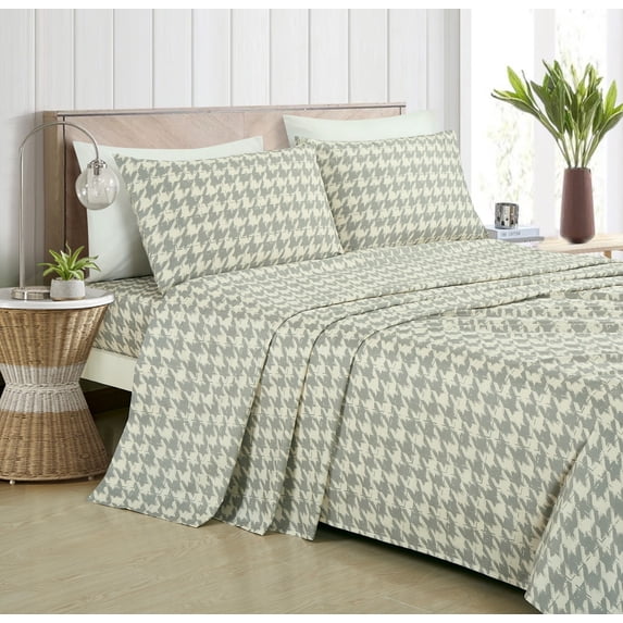 Chezmoi Collection 5-Piece Lodge Plaid Sheet Set Split King, Gray Houndstooth Printed Brushed Microfiber Lightweight Breathable Deep Pocket Bed Sheets