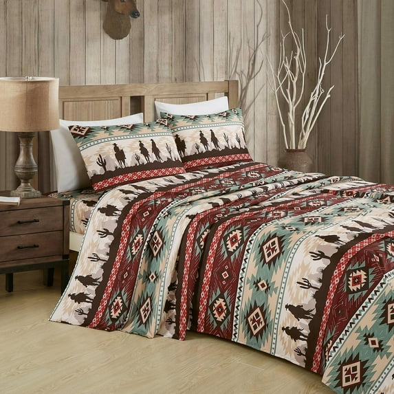 Chezmoi Collection 5-Piece Southwestern Cowboys Aztec Sheet Set Split King, Multicolor Teal Brown Beige Tan Red Printed Brushed Microfiber Lightweight Breathable Deep Pocket Bed Sheets