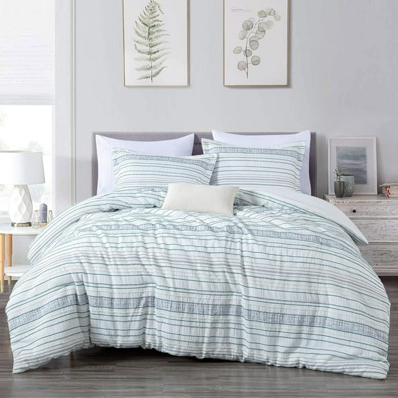 Chezmoi Collection 6-Piece Boho Clip Jacquard Comforter Set Full Size, Teal Blue White Striped Soft Textured Lightweight Bedding for All Season (1 Comforter, 2 Shams, 2 Pillowcases, 1 Cushion)