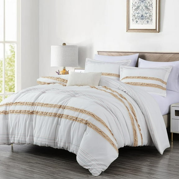 Chezmoi Collection 6-Piece Boho Clip Jacquard Comforter Set King Size, Taupe Multi-Color Striped Soft Textured Lightweight Bedding for All Season (1 Comforter, 2 Shams, 2 Pillowcases, 1 Cushion)
