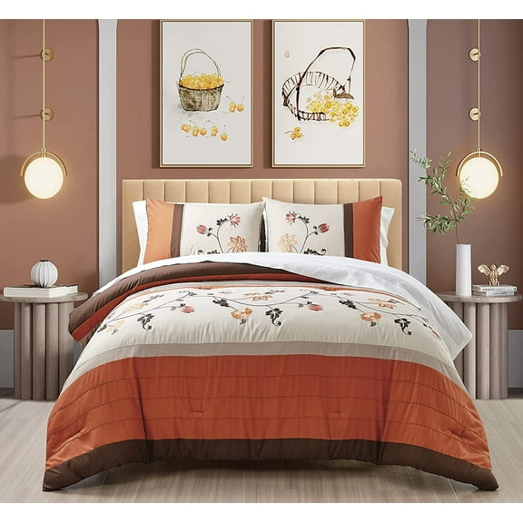 Chezmoi Collection 7-Piece Autumn Floral Bed in a Bag, Queen