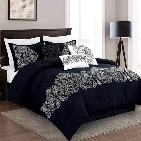 Chezmoi Collection 7-Piece Black Paisley Floral Embroidery Comforter Set, Queen