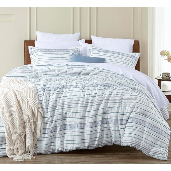 Chezmoi Collection 7-Piece Boho Clip Jacquard Bed in a Bag Set Queen Size, Teal Blue White Striped Soft Textured Lightweight Comforter Bedding for All Season with Bed Sheets Set
