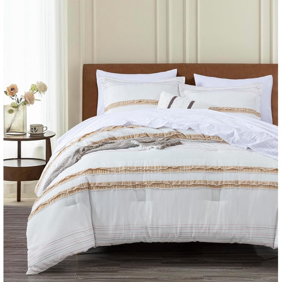 Chezmoi Collection 7-Piece Boho Clip Jacquard Bed in a Bag Set Twin Size, Taupe Multi-Color Striped Soft Textured Lightweight Comforter Bedding for All Season with Bed Sheets Set