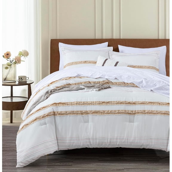 Chezmoi Collection 7-Piece Boho Clip Jacquard Bed in a Bag Set Twin Size, Taupe Multi-Color Striped Soft Textured Lightweight Comforter Bedding for All Season with Bed Sheets Set