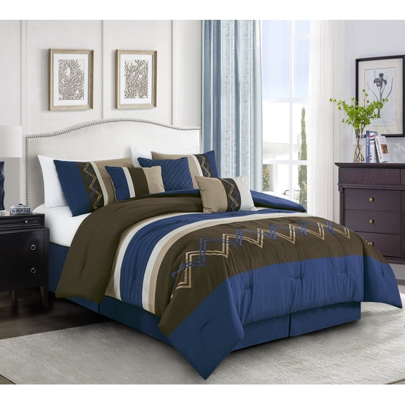 Chezmoi Collection 7-Piece Coffee/Brown/Navy/White Modern Stripe Zigzag Embroidery Comforter Set, Oversized King