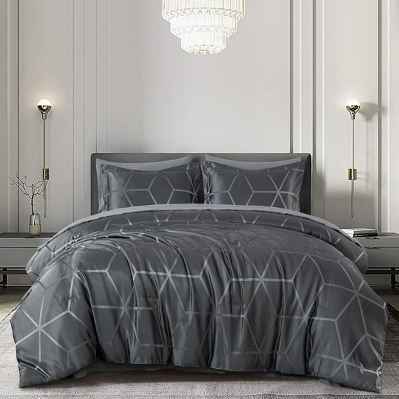 Chezmoi Collection 7-Piece Geometric Jacquard Bed in a Bag Set King Size, Soft Silky Lustrous Modern Gray Geometric Block Pattern Lightweight Bedding Comforter Set for All Seasons