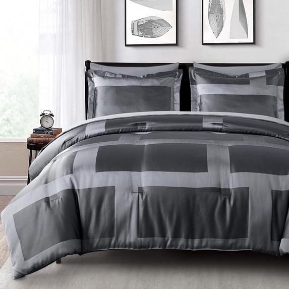 Chezmoi Collection 7-Piece Geometric Jacquard Bed in a Bag Set Queen Size, Soft Silky Lustrous Modern Gray Geometric Lattice Pattern Lightweight Bedding Comforter Set for All Seasons