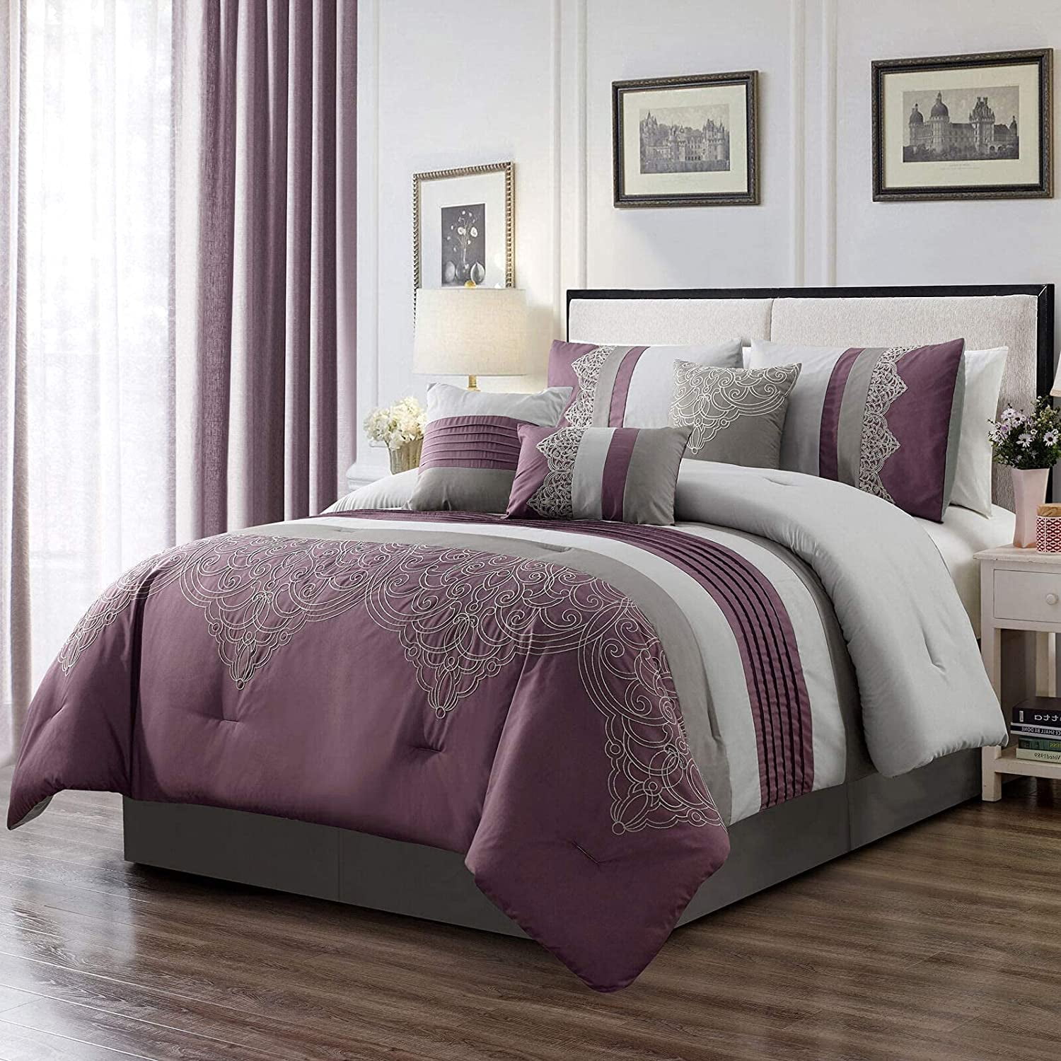 Chezmoi Collection 7-Piece Geometric Medallion Embroidery Bedding Comforter Set, King, Purple/Gray