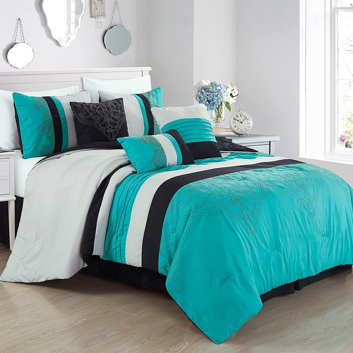 King Teal Gray Black Geometric Embroidery Comforter Set