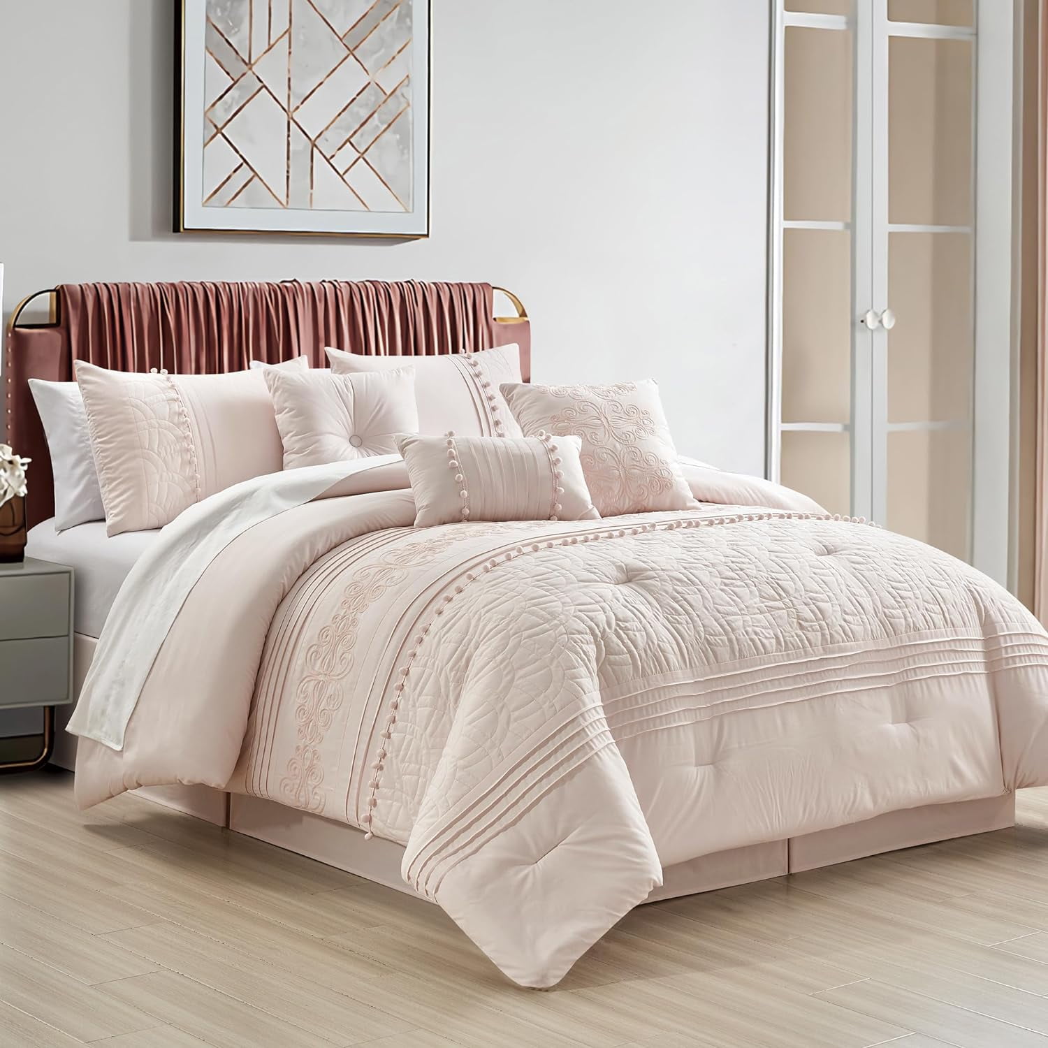 Chezmoi Collection 7-Piece Graceful Blush Pink Floral Chenille Pom Pom ...