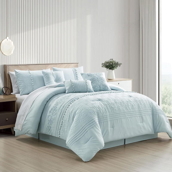 Chezmoi Collection 7-Piece Graceful Pale Blue Floral Chenille Pom Pom Embroidery Comforter Set, Queen