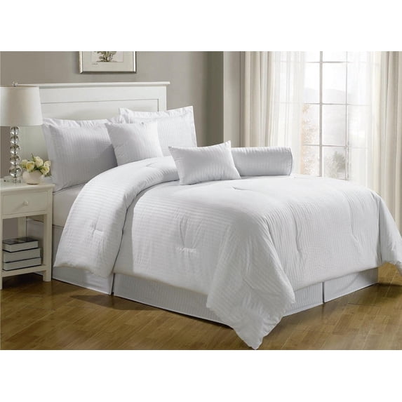 Chezmoi Collection 7-Piece Hotel Dobby Stripe Comforter Set, California King, White