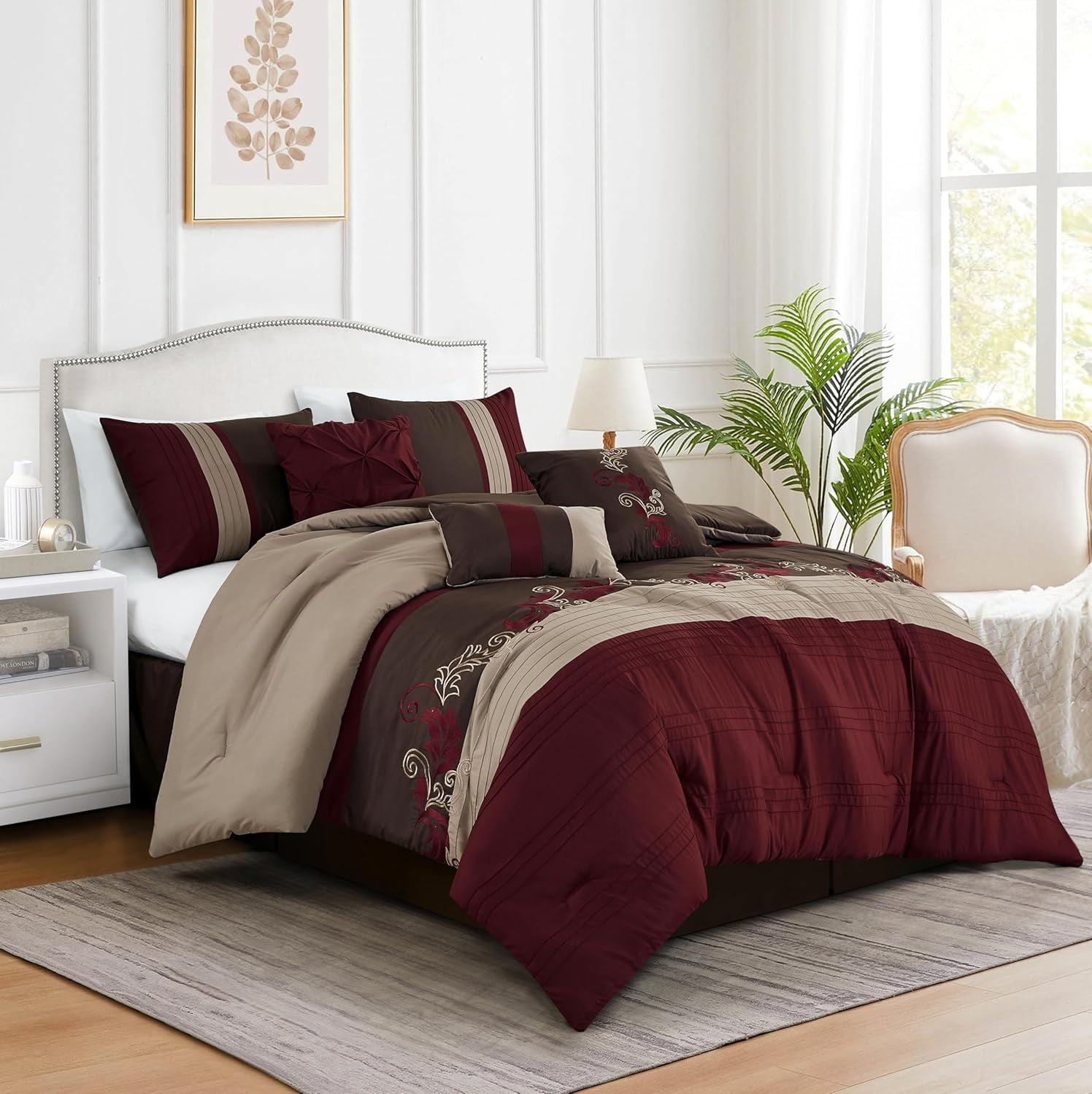 California King Burgundy Taupe Brown Floral Comforter Set