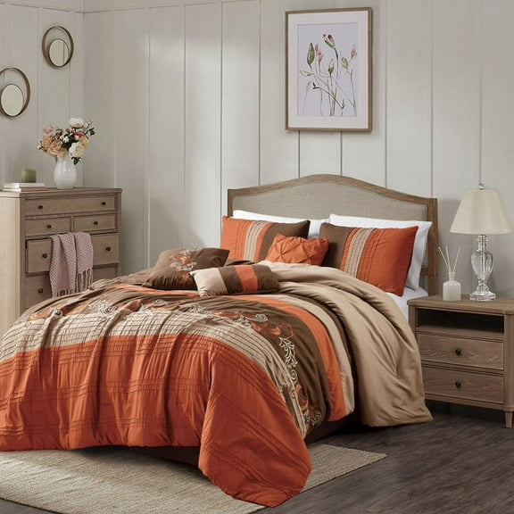 Chezmoi Collection 7-Piece Luxury Floral Leaves Embroidery Comforter Set, Full, Navy/Blue/GrayRust Orange/Taupe/Brown