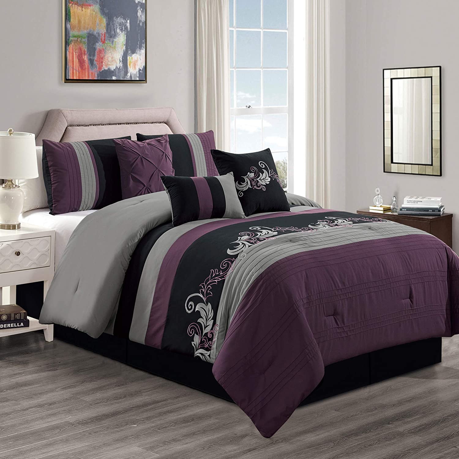 Full Purple and Gray Microfiber Floral Comforter Set