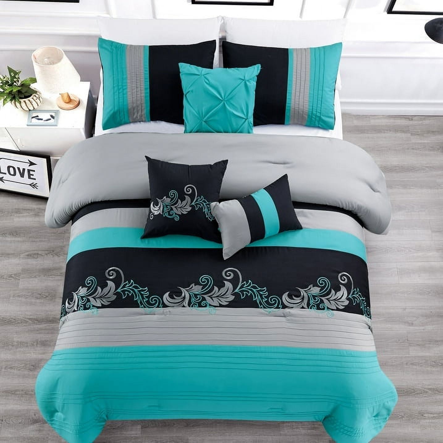 Full Teal Gray Black Floral Embroidered Microfiber Comforter Set