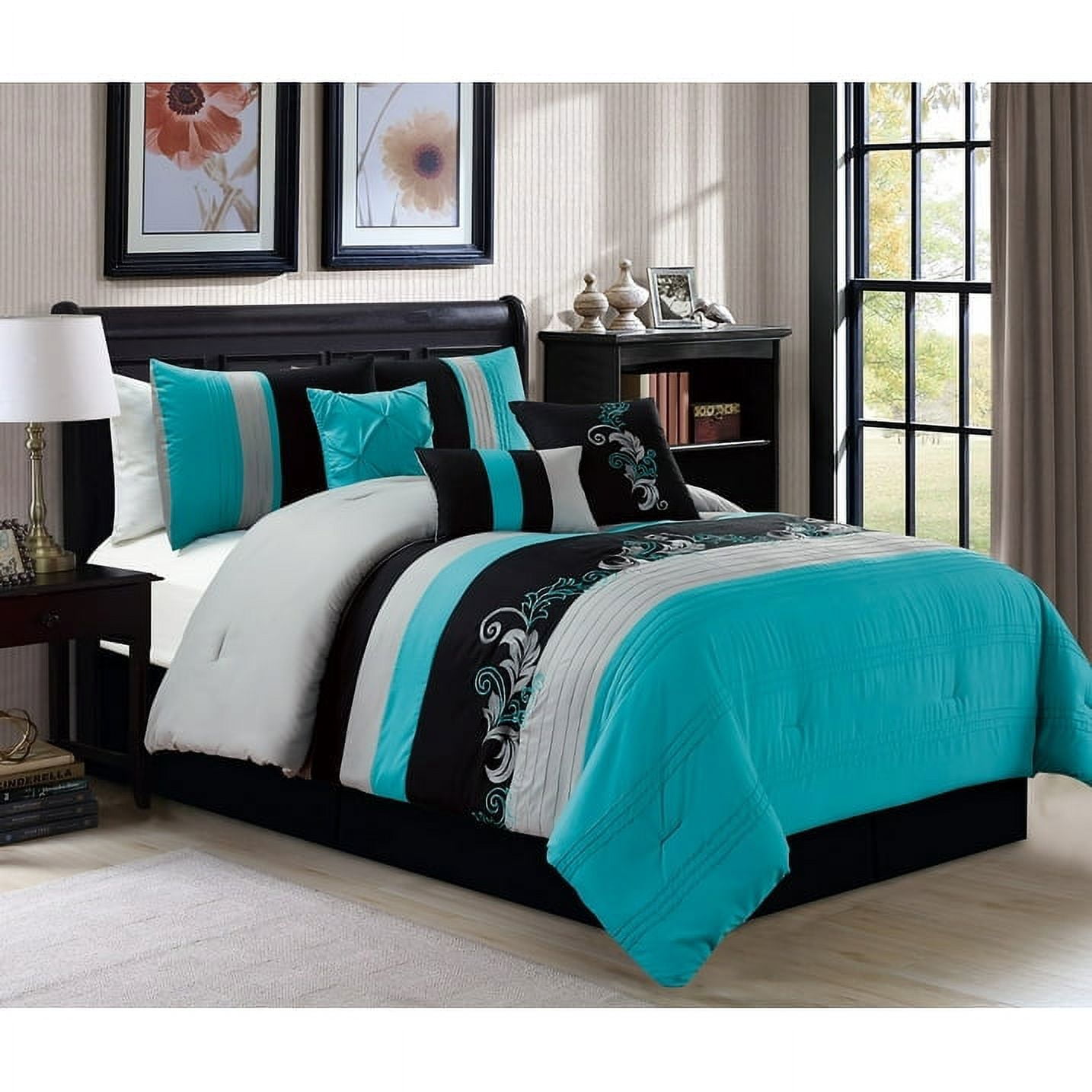Full Teal Gray Black Floral Embroidered Microfiber Comforter Set