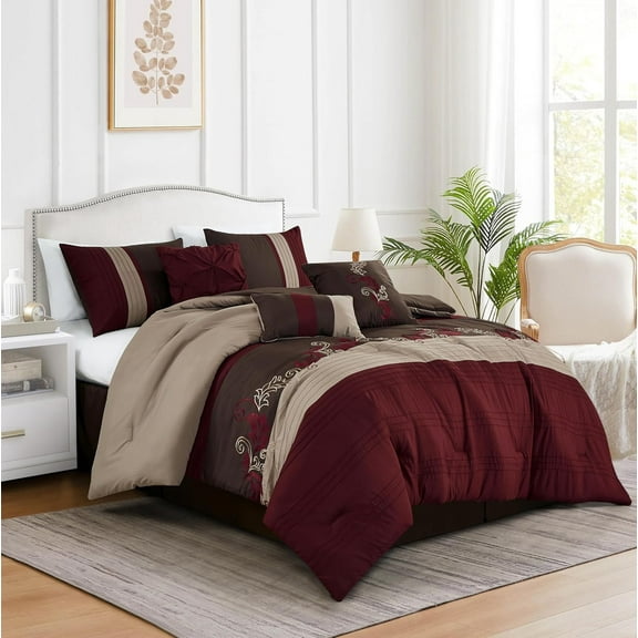 Chezmoi Collection 7-Piece Luxury Floral Leaves Embroidery Comforter Set, King, Burgundy/Taupe/Brown