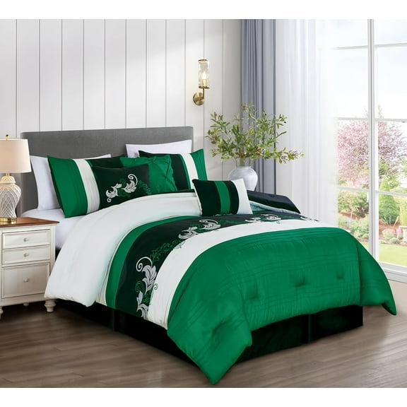 Chezmoi Collection 7-Piece Luxury Floral Leaves Embroidery Comforter Set, King, Green/Black/Cream